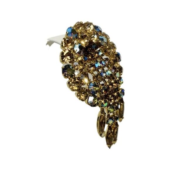 Vintage Austrian Crystal Aurora Borealis Shimmering Dangle  Gold Tone Brooch - Picture 6 of 8
